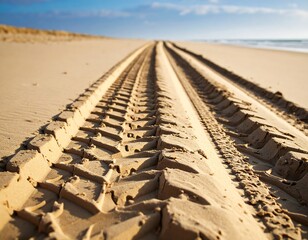 Tire tracks on a sandy beach. Sunlight highlights the imprints