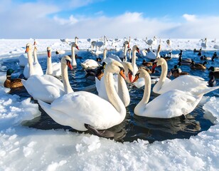 White swans and ducks on icy lake, sunny winter day