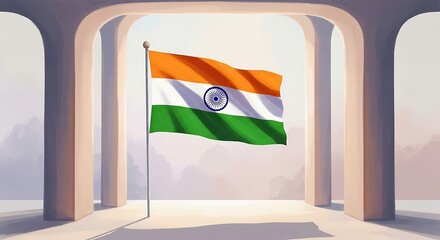 Majestic Indian Flag Fluttering in a Modern Architectural Setting