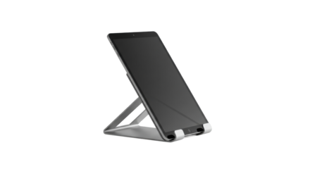 Modern tablet computer with blank screen on a portable stand isolated PNG with Transparent Background