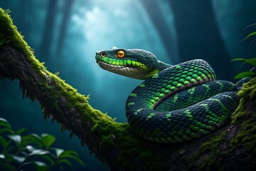 Fototapeta premium Green Viper Snake with Vivid Eyes Perched on Mossy Jungle Branch