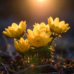 Spring flowers bathed in golden sunlight