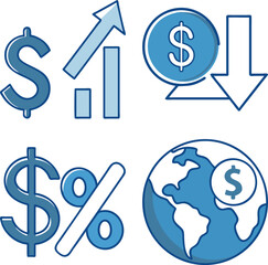 Financial icons illustrating growth global market and currency exchange concepts in modern style