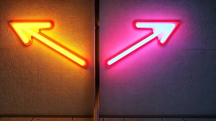 Neon arrows illuminated on a wall, guiding direction in a modern urban setting at night