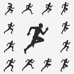 A set of running silhouettes of sprinting athletes in action. The mood of the images is energetic and dynamic.