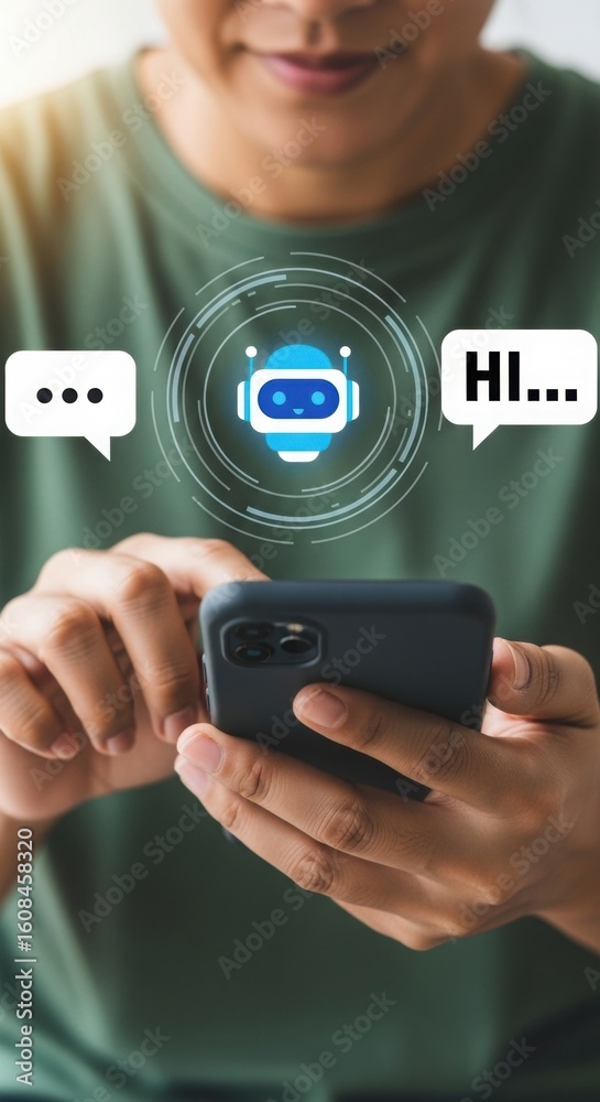 Poster close-up of person using smartphone with chatbot interface. ai chatbot interaction with digital over