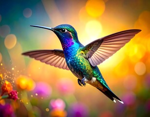 Obraz premium Vibrant hummingbird in flight amidst colorful flowers
