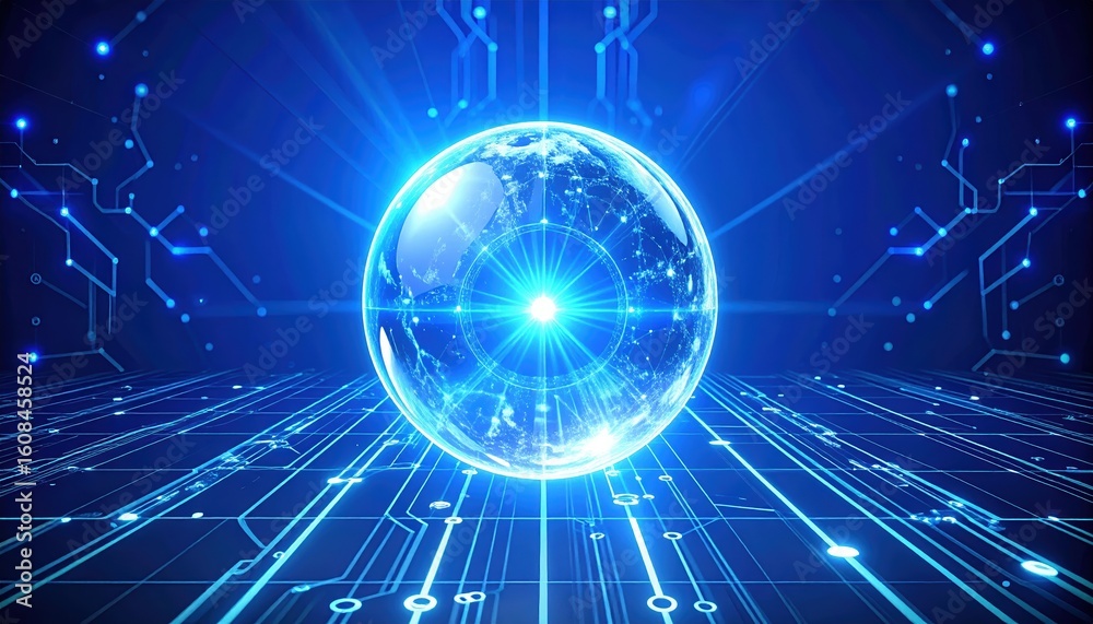 Poster futuristic digital globe with interconnected technology lines and glowing network connections repres