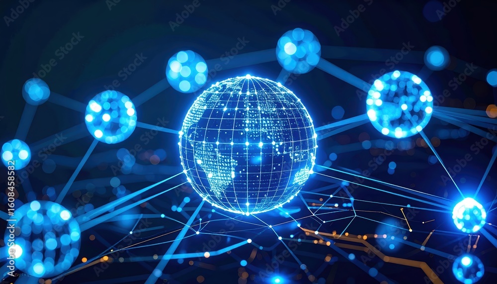 Poster futuristic digital network with glowing interconnected nodes and a global sphere representing techno