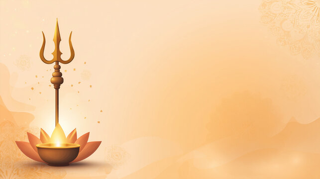 minimalist Bhuvaneshvari Jayanti banner, glowing trishul and OM symbol with lotus flower and diya lamp
