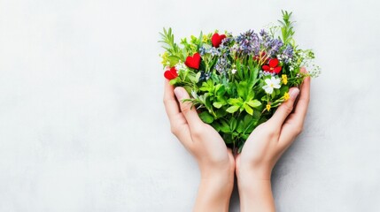 Hands Holding Fresh Flowers and Greenery on Light Background