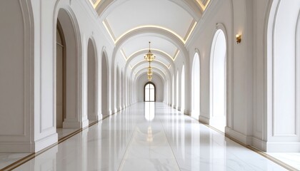Luxurious white marble hallway with arched ceilings
