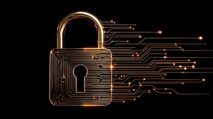 and keyword list based on the image

 Metallic Lock, Security Illustration with Circuit Board Lines on Digital Dark Background
