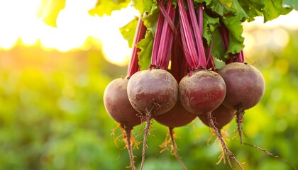 Bunches of vibrant red beets hanging from stems