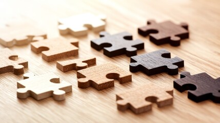 Obraz premium Jigsaw puzzle pieces arranged on wooden table, representing partnership through interconnected shapes. 