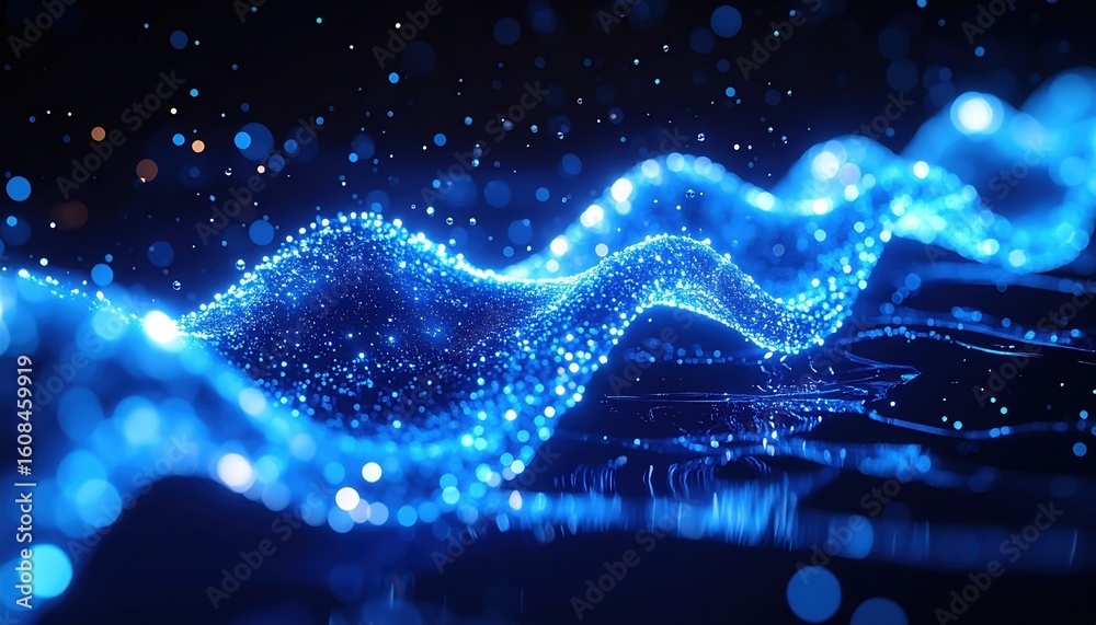 Poster high tech digital data wave visualization with glowing particles and dynamic motion effect in bright