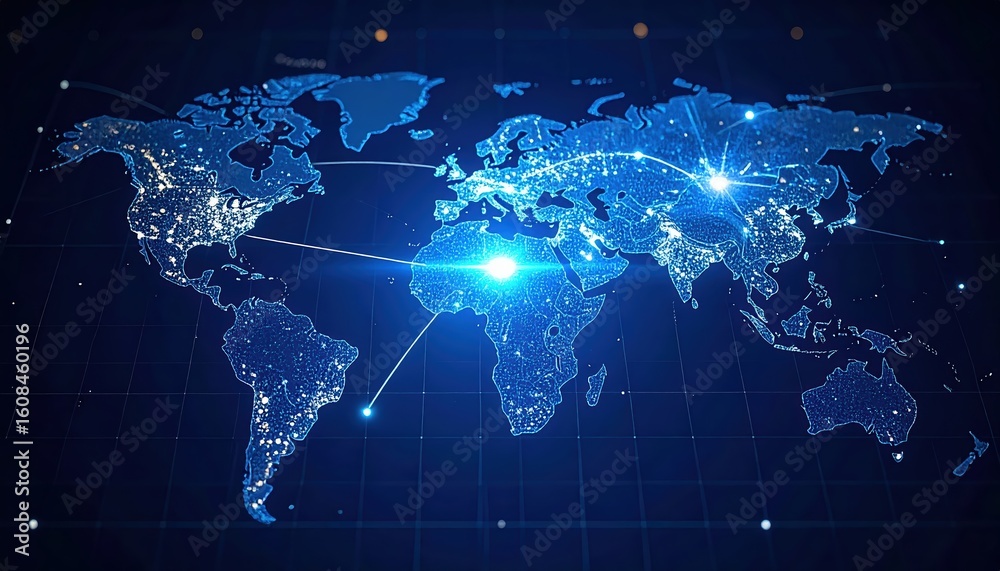 Poster high tech digital world map with global connectivity and network lines on dark background for techno