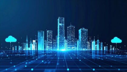 Futuristic digital cityscape with glowing skyscrapers and cloud icons representing smart urban technology and advanced digital infrastructure at night