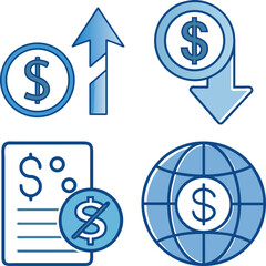 Financial icons representing dollar sign, investment growth, decline, global finance, and debts