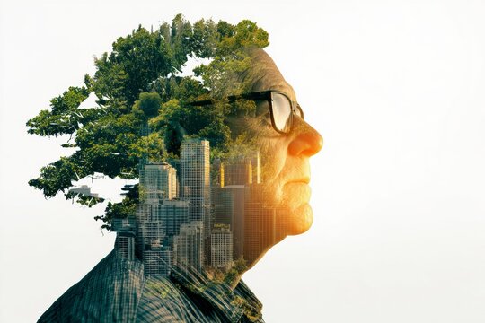 Double exposure of farmer's face with greenery and mental wellbeing. Mental wellbeing. New initiatives boost mental wellbeing for south australia's drought-stricken regions. Exercise groups.