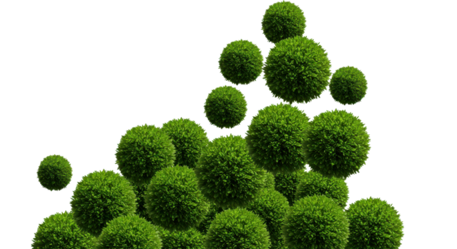 Abstract composition of green moss balls representing growth and ecology isolated PNG with Transparent Background