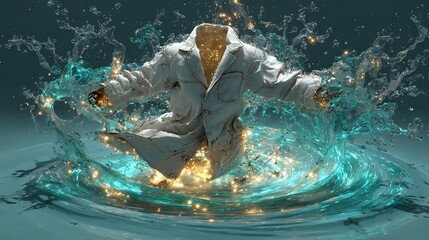 Floating white shirt inside dynamic swirling water with bright cleaning molecules all around