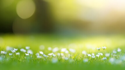 Obraz premium Serene spring meadow with blooming flowers bathed in morning light, creating a peaceful natural setting. 