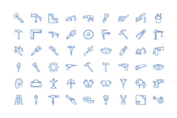 Construction tools and equipment icons in blue outline style
