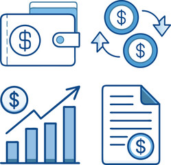 Financial icons with wallet coins document and growth chart representing finances and economics