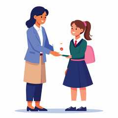 A teacher handing a student a paper, possibly a reward or assignment.