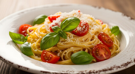 Delicious linguine pasta dish with fresh tomatoes and basil, a taste of Italy