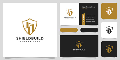 building and shield line style logo and business card