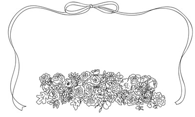 お洒落な線画の結婚式風花束イラストフレーム、シンプルリボン