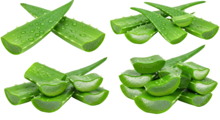 Collection of fresh green aloe vera leaves and slices isolated PNG with Transparent Background
