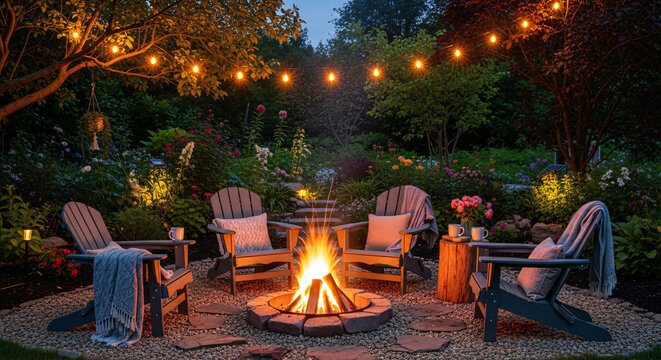 Cozy Outdoor Fire Pit Area with Adirondack Chairs and String Lights.