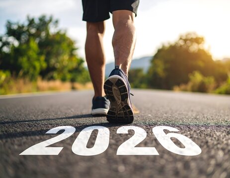 Concept Starting to new year, A man wearing running shoes steps on the number 2026