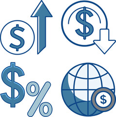 Financial symbols representing growth decline global market and percentage sign in blue tones