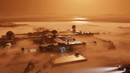 Futuristic Mars Colony with Dome Structures and Vehicles Amidst Dust Storms at Sunset - Powered by Adobe