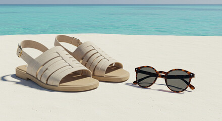 Fototapeta premium Beige sandals and sunglasses on beach