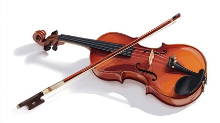 Fototapeta premium Wooden violin instrument with bow, casting soft shadow, isolated on white