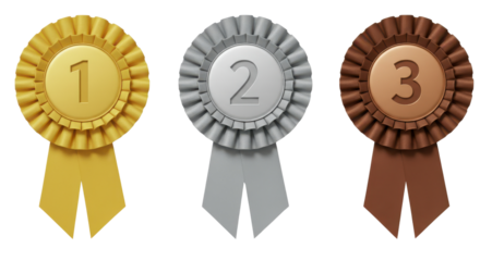 Set of first, second and third place award rosettes isolated PNG with Transparent Background