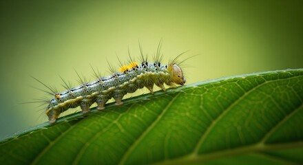 Fototapeta premium A close-up of a hairy caterpillar crawling on a vibrant green leaf surface