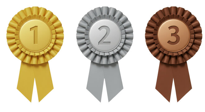 Set of first, second and third place award rosettes isolated PNG with Transparent Background