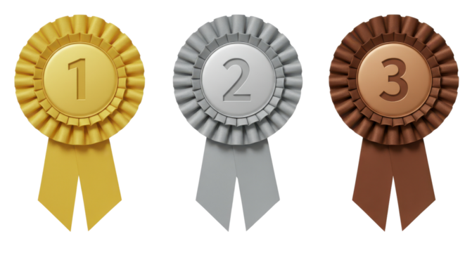 Set of first, second and third place award rosettes isolated PNG with Transparent Background