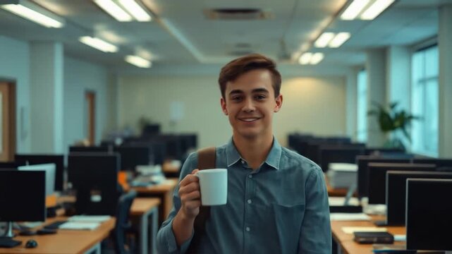 Young professional smiles holding a white mug He appears relaxed in an office setting with desks computers and natural light filtering through the windows