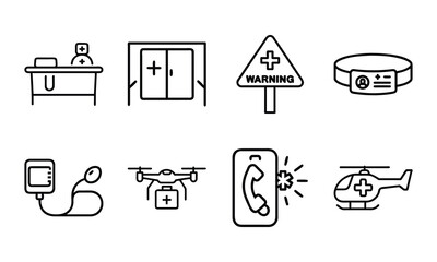 Fototapeta premium Essential Emergency Medical Icons Set – Modern Line Art Style for Hospital and Healthcare Design