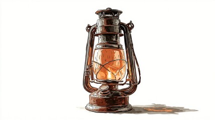 Antique brown metal lantern glows with soft light, casting a gentle shadow
