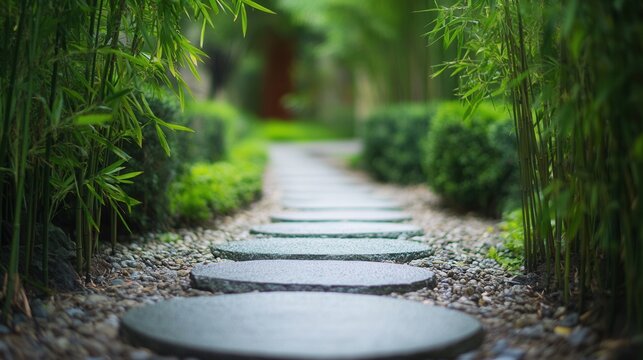 a smooth stone path leading to a peaceful bamboo garden, representing harmony, balance, and wellness, on blurred background