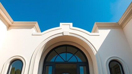 An elegant arched doorway of a luxurious home, framed by a clear blue sky and natural daylight.