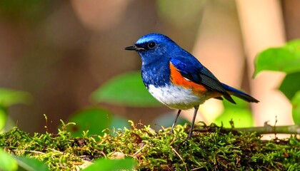 Obraz premium Vibrant blue and orange bird perched on mossy branch